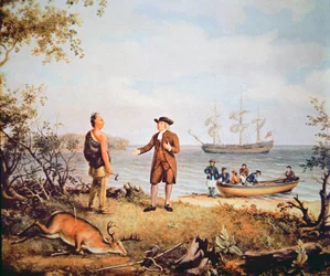 William Penn arrives in America for the first time and meets a Native American in 1682