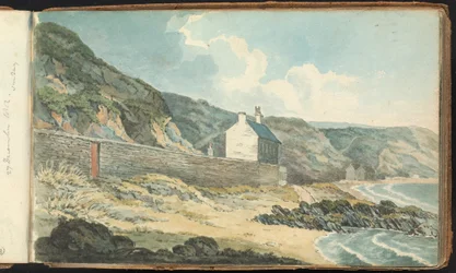 Album of Landscape and Figure Drawings: Houses on a Rocky Shoreline