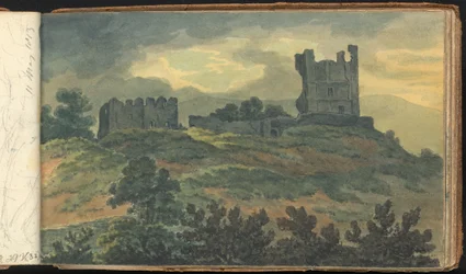 Album of Landscape and Figure Studies: Castle Ruins on a Hilltop
