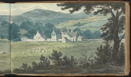 Album of Landscape and Figure Studies: Rural Landscape Scene with Farm and Grazing Sheep
