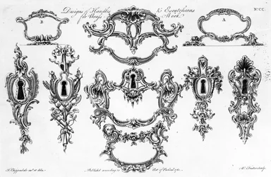 Designs of Handles and Escutcheons for Brass Work, print made by W. Foster, 1761