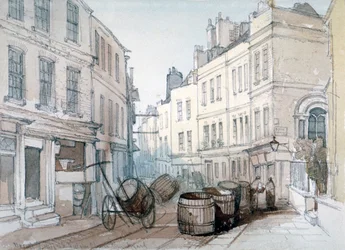 Bread Street Hill and St Nicholas Olave Churchyard, City of London, c1850