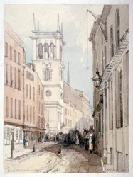 View of All Hallows Church, Buildings and Figures on Bread Street, City of London, 1851
