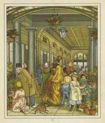 Interior view of people among the flowers on sale in Covent Garden
