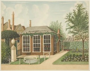 A view of the hot-house and a small pool from the gravel walk at 14 St James