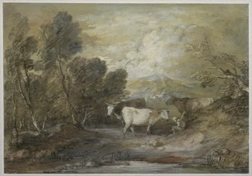 A Herdsman with Three Cows by an Upland Pool
