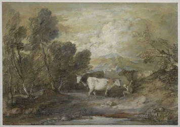 A Herdsman with Three Cows by an Upland Pool