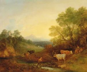 A Landscape with Cattle and Figures by a Stream and a Distant Bridge