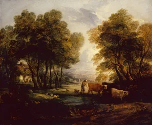 A Wooded Landscape with Herdsman, Cows and Sheep near a Pool
