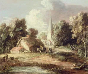 Landscape with a Church, Cottage, Villagers and Animals