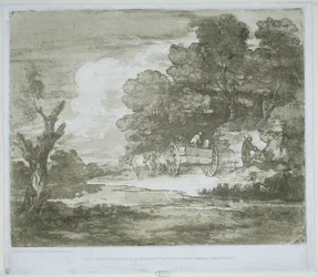 Landscape with a Wagon Pulled by Horses along a Waterside and Forest Edge