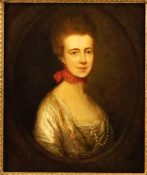 Portrait of Miss Boone, wearing a white dress with gold embroidery and pearl chain, a red ribbon around her neck