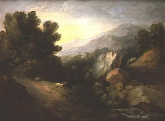 Rocky Wooded Landscape with Sheep by a Waterfall