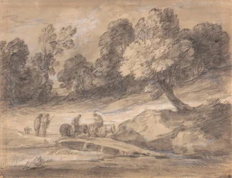 Wooded Landscape with Figures on Horseback Crossing a Bridge