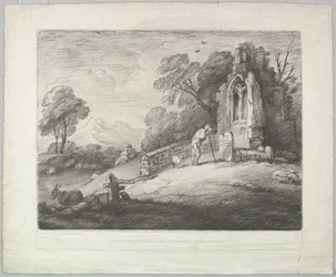 Wooded Landscape with a Peasant Reading a Tombstone, Rustic Lovers and a Ruined