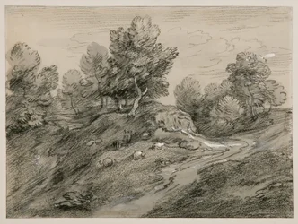 Wooded upland landscape with shepherd and sheep and country track winding around a knoll