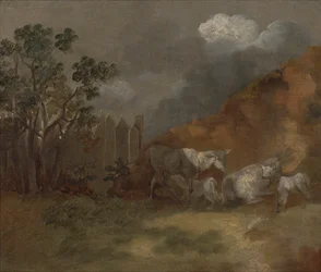 Sheep and Lambs by a Fence