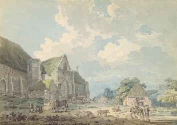 The Tithe Barn at Abbotsbury with the Abbey on the Hill, c.1795