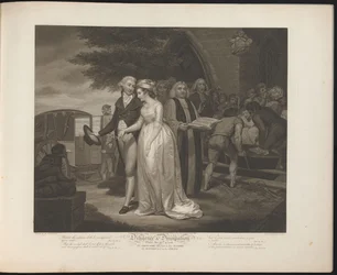 Newly Married Modest Maid Walks to a Carriage While the Wanton Maid is Buried (Plate 10. The Good Girl Married to her Master / The Wanton laid in her Grave)