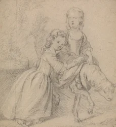 Two Girls in a Landscape, One Riding a Lamb