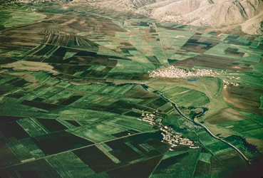 Aerial of cultivated fields in the fertile Al Beqaa Valley aka Al Biqa Valley