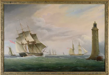 A Frigate and a Naval Brig passing the Eddystone Lighthouse