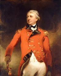 Portrait of General James Stuart standing three-quarter length, wearing a red uniform with gold frogging