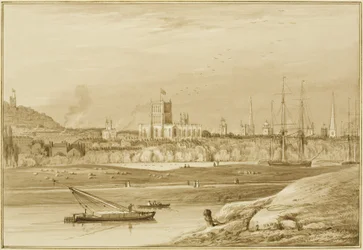 Bristol from Coronation Road with Cumberland Road, the New Cut and a view of the churches of Bristol