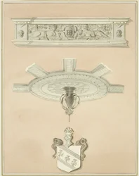 Details of room in the Law Library, including central ceiling pendant and cornice
