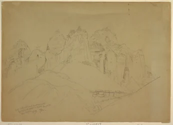 Drawing, Rio Virgin River with Large Rock Formations, 1873