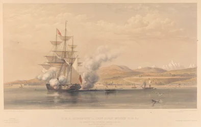 H.M.S. Highflyer, Captn John Moore C.B. &c., at anchor off Soukoum Kaleh-Abasia, Omar Pasha leaving the ship, October 1855