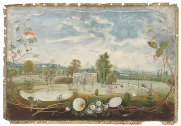 The Greenhouse at Woodside House, Old Windsor, in a Cartouche Decorated with Flowers