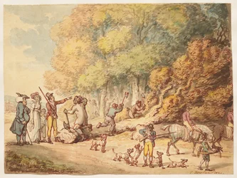 A Sportsman with his Family Instructing Woodmen to Chop up a Felled Tree
