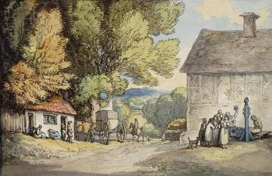A Village Green: a Carriage Halted Beneath a Tree, with a Man in the Stocks and a Group of Onlookers