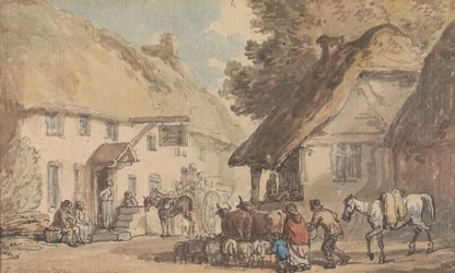 A Village Street with Cattle and Sheep Being Driven Through