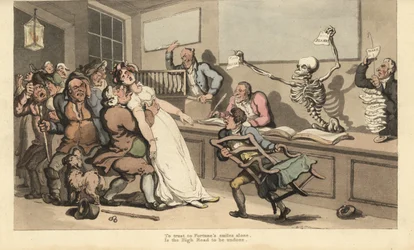 A woman expires in shock at the sight of a blank piece of paper brandished by the skeleton of Death in a Lottery Office