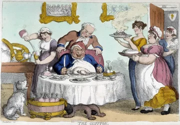 Bourgeois in front of a plethoric meal served by many servants - caricature by Rowlandson