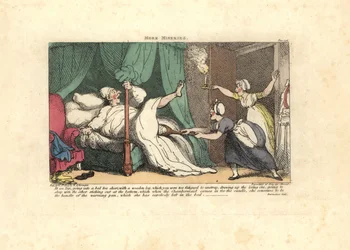 Chambermaid pulling on a sleeping guest’s wooden leg
