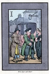 Hackney complaining to passengers about small tips (1819). Wood engraving, based on a painting by Thomas Rowlandson (1756-1827), published in The Cries of London: with six charming children and nearly 40 illustrations, by Andrew Tuer, Field and Tuer