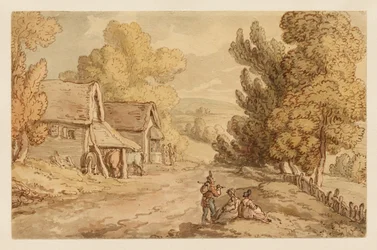 Cottage and Barn with Figures Resting by the Side of a Country Road