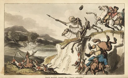 Death with His Dart on a Skeletal Horse Rides Over a Cliff as an Unfortunate Huntsman and His Dogs Fall to Their Deaths. Other Hunting Dogs Tear Apart a Stag (Handcoloured Copperplate by Thomas Rowlandson)