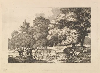Deer Hunting – A Landscape Scene with Stag and Hounds in a River