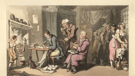 English gentleman writing a begging letter in a decrepit parlour