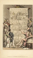 Father Time showing men and women scenes from life