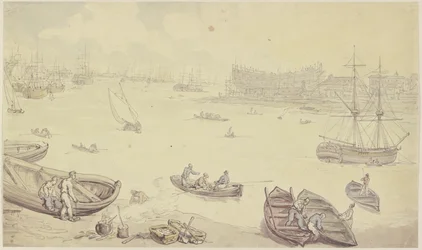 River with Many Ships and a Shipyard