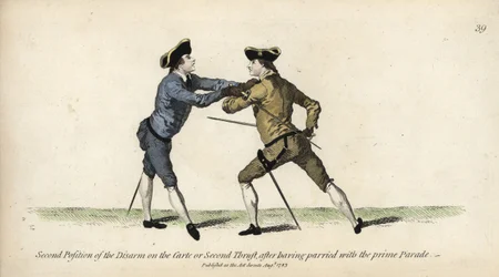 Gentleman Fencer in the Second Position of the Disarm on the Carte or Second Thrust, After the Prime Parade Parry