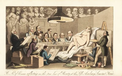 Georgian artists including Benjamin West, Thomas Lawrence, Benjamin Haydon, Joseph Farrington, Richard Westall and Martin Archer Shee drawing a nude model, while classical busts look down. Royal Academicians of Genius reflecting on the true line of Beauty