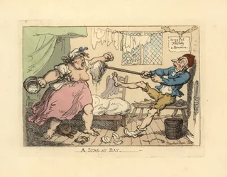 Husband Holding Off His Angry Wife with Mop
