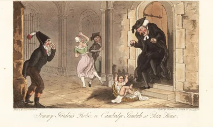James Gordon, a notorious Cambridge drunk, leaving a baby as a prank in front of the house of a college dean. Jemmy Gordon