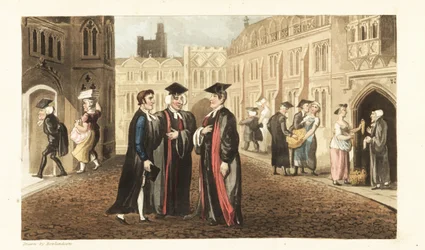 Johnny in robes talking with Dons at Oxford University, while other scholars and students buy corn from grocers and molest maids. Handcoloured copperplate engraving by Thomas Rowlandson from William Combe